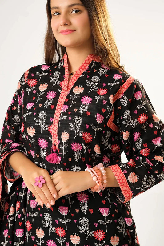 Picture of Girls winter clothes | Black & Multicolor | Casual 3 Piece Suit | Cotton Khaddar Printed | GAD-03201 - Available at Raja Sahib