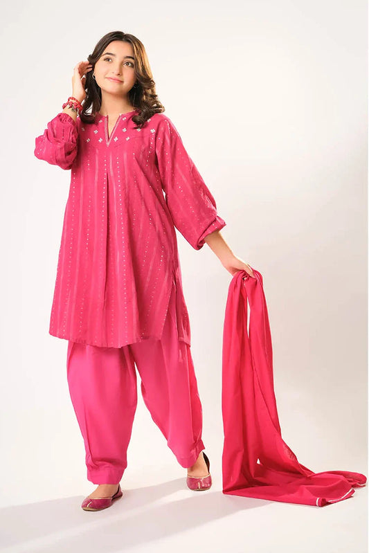 Picture of Girls winter clothes | S.Pink & Sliver | Casual 3 Piece Suit | Cotton Karandi Dobby | GAD-03213 - Available at Raja Sahib