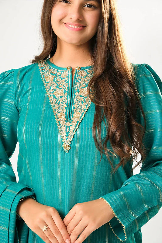 Picture of Girls winter clothes | Turquoise Green & Gold | Casual 3 Piece Suit | Cotton Karandi Dobby | GAD-03214 - Available at Raja Sahib