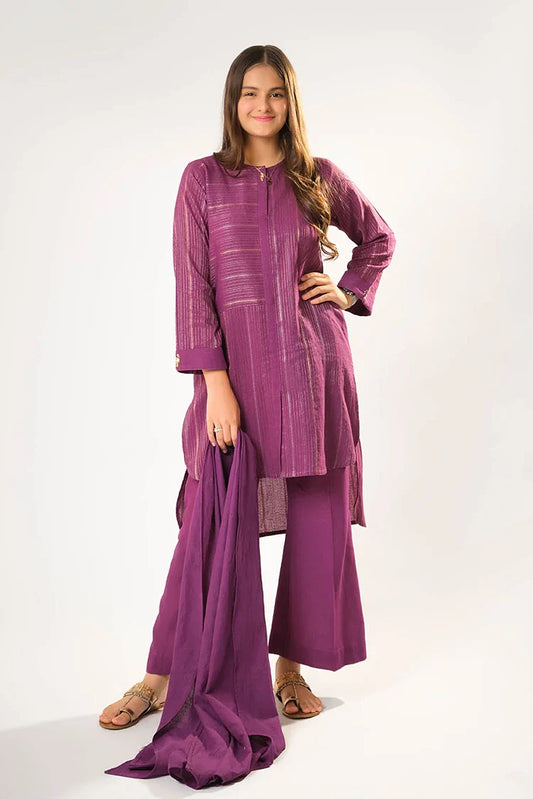 Picture of Girls winter clothes | Purple & Gold | Casual 3 Piece Suit | Cotton Karandi Dobby | GAD-03215 - Available at Raja Sahib