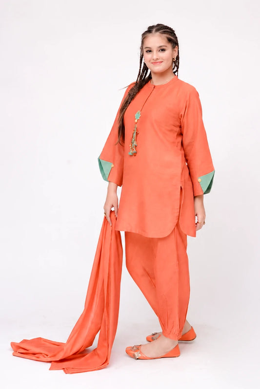 Senorita - Orange & Multicolor - Casual 3 Piece Suit - GAD-03609