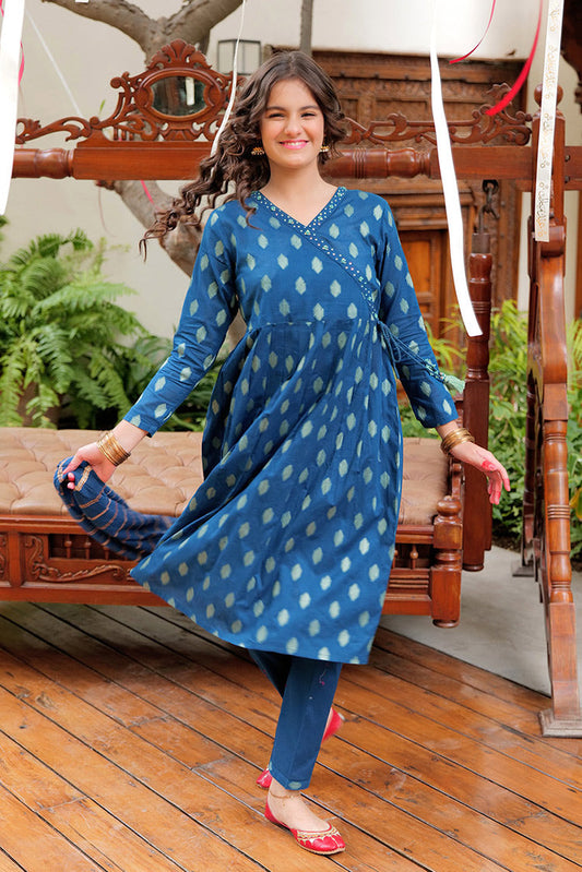 Picture of Senorita - GBD-02613 | Blue & Gold | Casual Plus 3 Piece Suit | Cotton Dobby Jacquard - Available at Raja Sahib