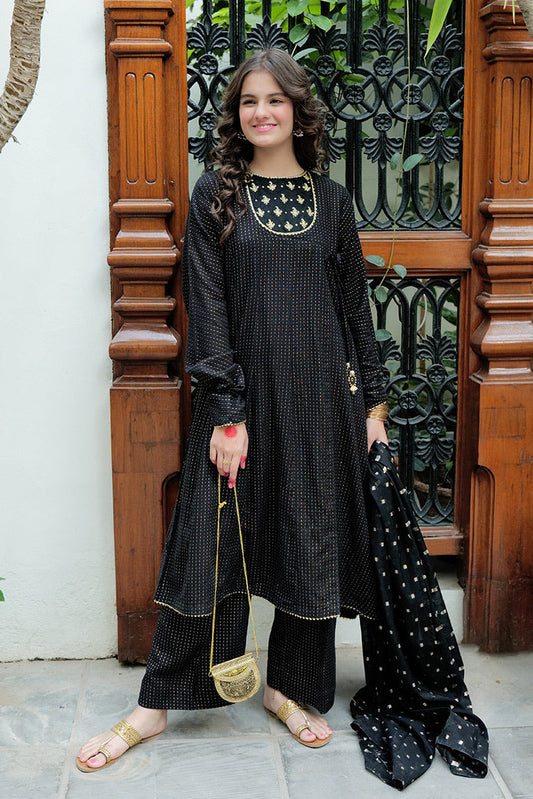 Picture of Senorita - GBD-02623 | Black & Gold | Casual Plus 3 Piece Suit | Cotton Dobby Jacquard - Available at Raja Sahib