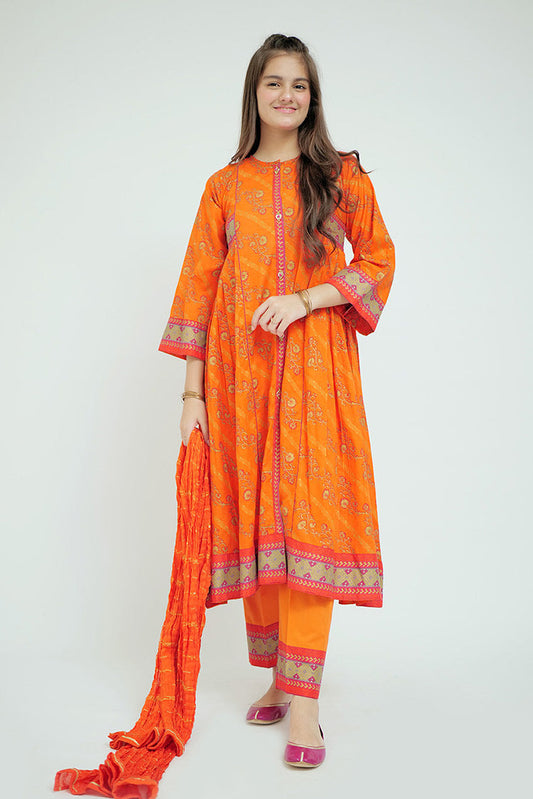 Picture of Senorita - GBD-02649 | Orange & Gold | Casual Plus 3 Piece Suit | Cotton Lawn Printed - Available at Raja Sahib
