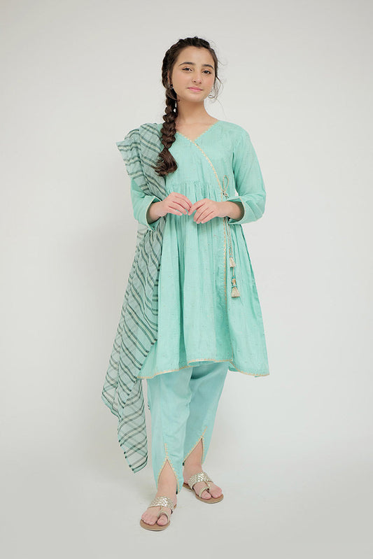 Picture of Senorita - GBD-02666 | Sea Green & Gold | Casual Plus 3 Piece Suit | Viscose Jacquard Flament - Available at Raja Sahib
