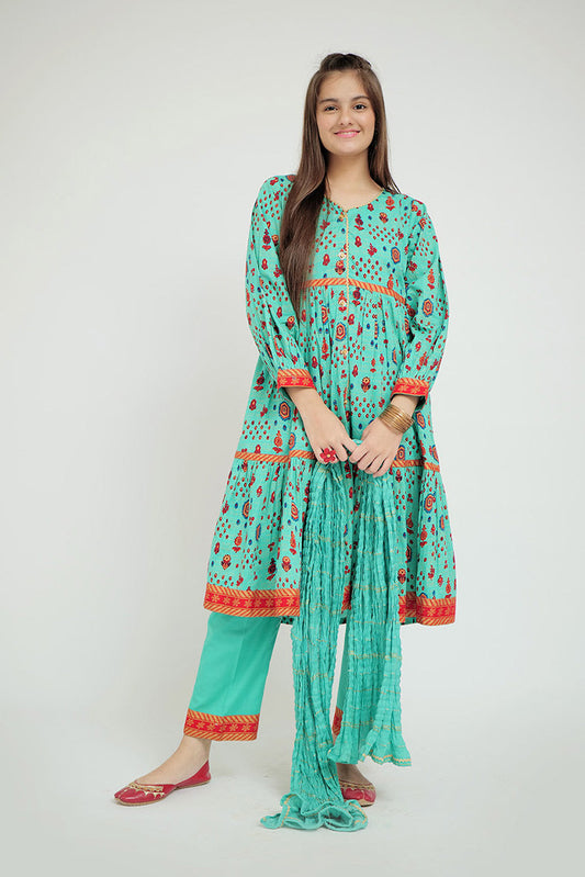 Picture of Senorita - GBD-02675 | Sea Green & Gold | Casual Plus 3 Piece Suit | Cotton Gold Print Lawn - Available at Raja Sahib