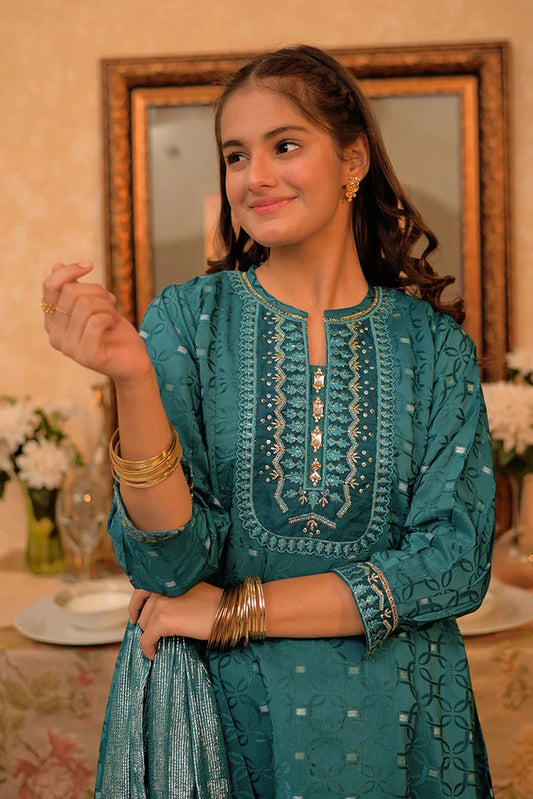 Picture of GBD-02864 | Turquoise Blue & Gold | Casual Plus 3 Piece Suit | Cotton Viscose Filament Jacquard - Available at Raja Sahib