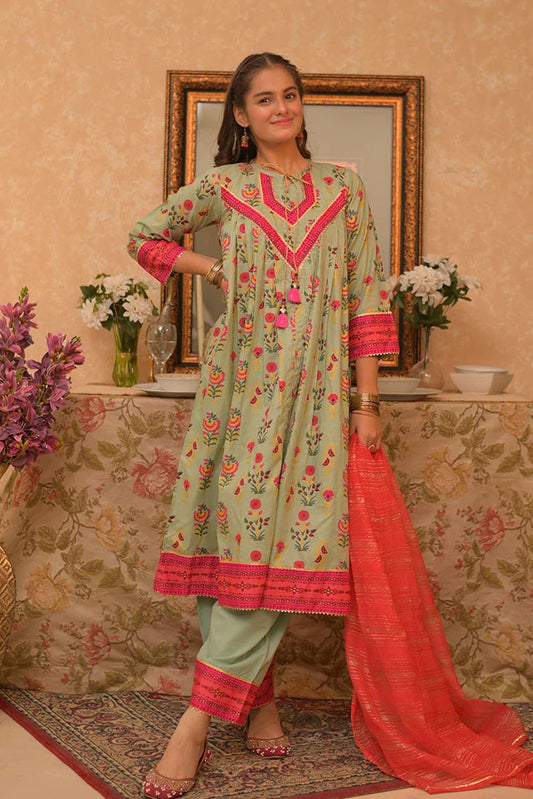 Picture of GBD-02941 | Light Green & Multicolor | Casual Plus 3 Piece Suit | Cotton Gold Printed - Available at Raja Sahib