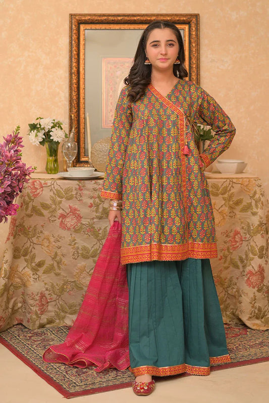 Picture of GBD-02953 | Bottle Green & Multicolor | Casual Plus 3 Piece Suit | Cotton Lawn Gold Printed - Available at Raja Sahib