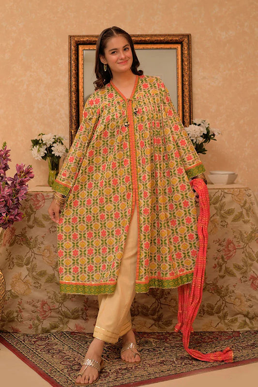 Picture of GBD-02954 | Fawn & Multicolor | Casual Plus 3 Piece Suit | Cotton Lawn Gold Printed - Available at Raja Sahib