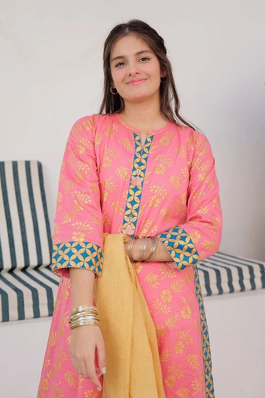 Picture of GBD-02980 | Peach & Gold | Casual Plus 3 Piece Suit | Cotton Dobby Gold Print - Available at Raja Sahib