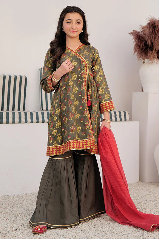 Picture of GBD-02984 | Grey & Multicolor | Casual Plus 3 Piece Suit | Cotton Dobby Dye over Gold Print - Available at Raja Sahib