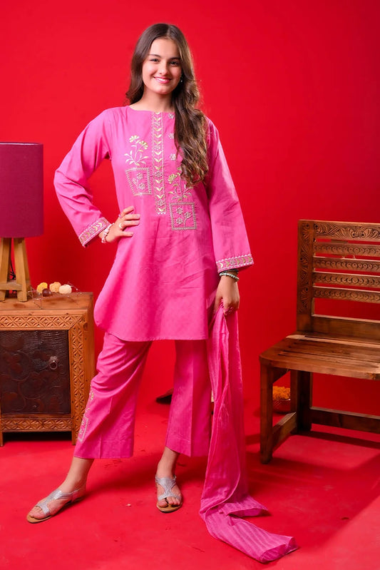 Senorita - Girls Casual Dress - Casual Plus 3 Piece Suit - Cotton Self Dobby - GBD-03372