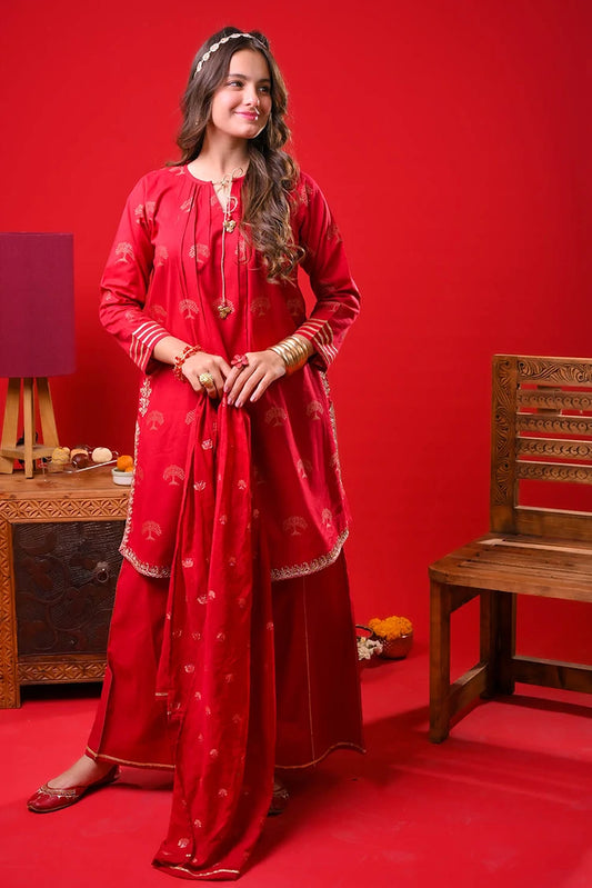 Picture of Senorita - Girls Eid Dress - Red & Gold - Casual Plus 3 Piece Suit - GBD-03374 - Available at Raja Sahib