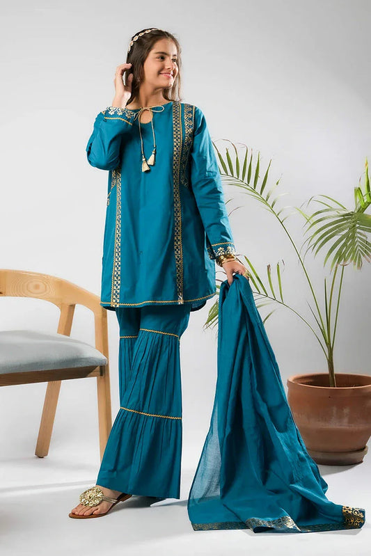 Picture of Senorita - Blue & Gold - Casual Plus 3 Piece Suit - Cotton Foil Printed - GBD-03397 - Available at Raja Sahib