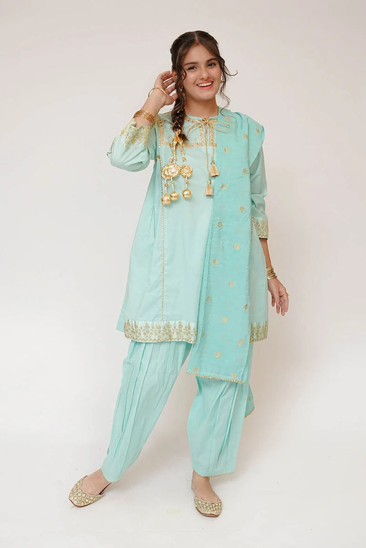 Senorita - Girls Casual Dress - Casual Plus 3 Piece Suit - Cotton Plain with Banarsi Borders - GBD-03444