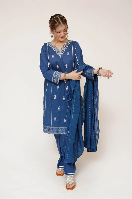 Senorita - Girls Casual Dress - Casual Plus 3 Piece Suit - Cotton Plain with Banarsi Borders - GBD-03456