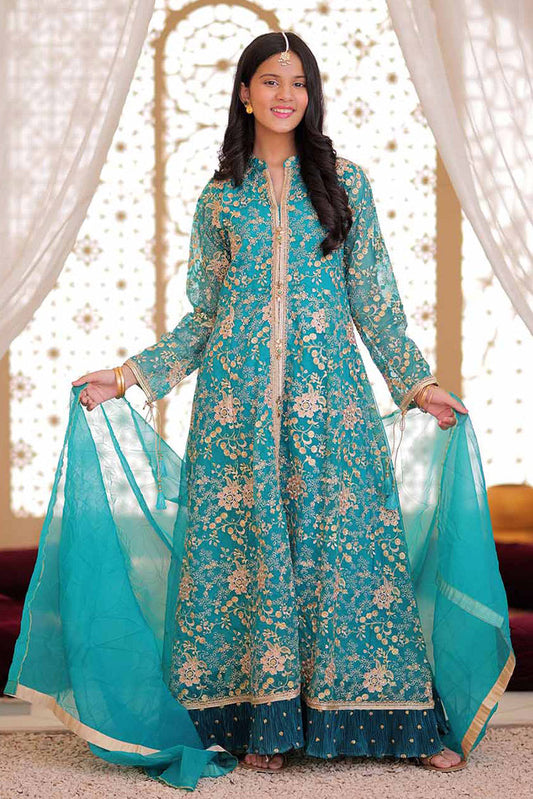 Picture of Senorita - GDD-02372 | Turquoise Green & Golden | Formal 3 Piece Suit | Plain Organza Banarsi - Available at Raja Sahib