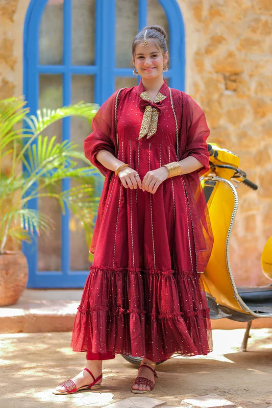 Picture of GDD-02810 | Maroon & Gold | Formal 3 Piece Suit | Viscose Chambray Katan - Available at Raja Sahib