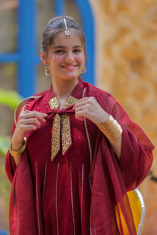 Picture of GDD-02810 | Maroon & Gold | Formal 3 Piece Suit | Viscose Chambray Katan - Available at Raja Sahib