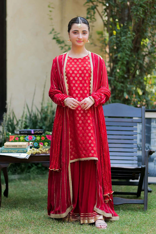 Picture of GDD-02812 | Red & Gold | Formal 3 Piece Suit | Viscose Crinkle Chiffon - Available at Raja Sahib