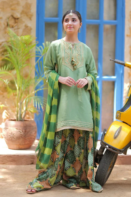 Picture of Girls formal clothes | Green & Gold | Formal 3 Piece Suit | Viscose Raw Silk | GDD-02813 - Available at Raja Sahib