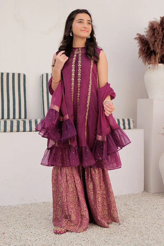 Picture of GDD-02848 | Magenta & Gold | Formal 3 Piece Suit | Polyester Bori Net - Available at Raja Sahib
