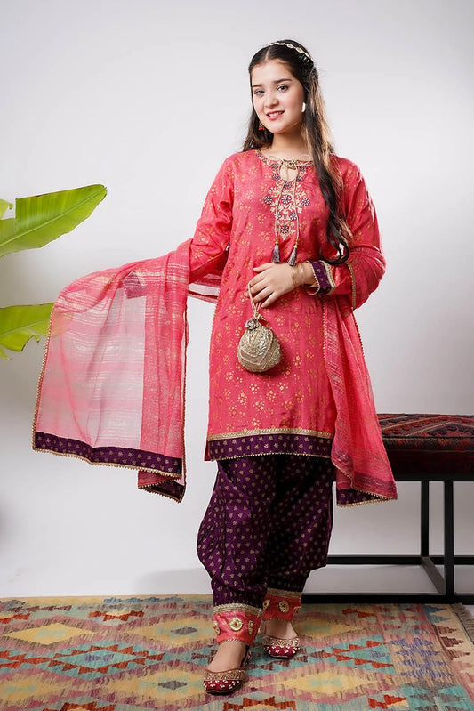 Senorita - Girls formal clothes - Peach & Magenta - Formal 3 Piece Suit - GDD-03257