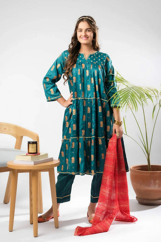 Picture of Senorita - Turquoise Blue & Multicolor - Formal 3 Piece Suit - Viscose Raw Silk - GDD-03293 - Available at Raja Sahib