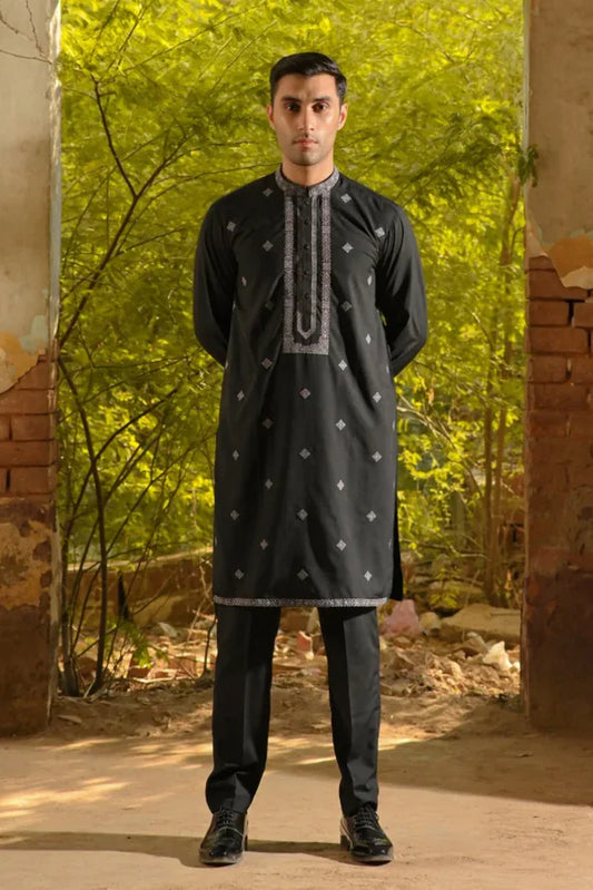 Fabrich - Men's Unstitch Embroidered Kameez Shalwar With Front Spray - Black
