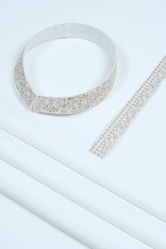 Picture of Fabrich - Men's Unstitch Multi-Colored Embroidered Kameez Shalwar - Off White - Available at Raja Sahib