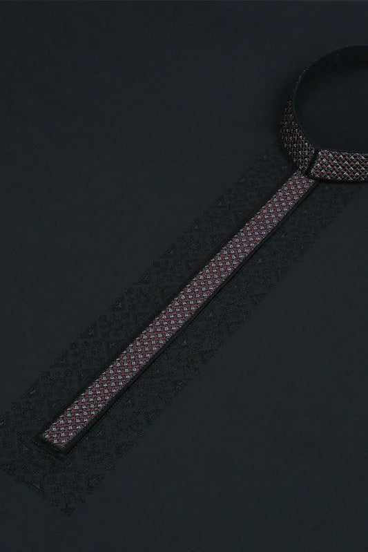 Picture of Fabrich - Men's Unstitch Multi-Colored Embroidered Kameez Shalwar - Black - Available at Raja Sahib