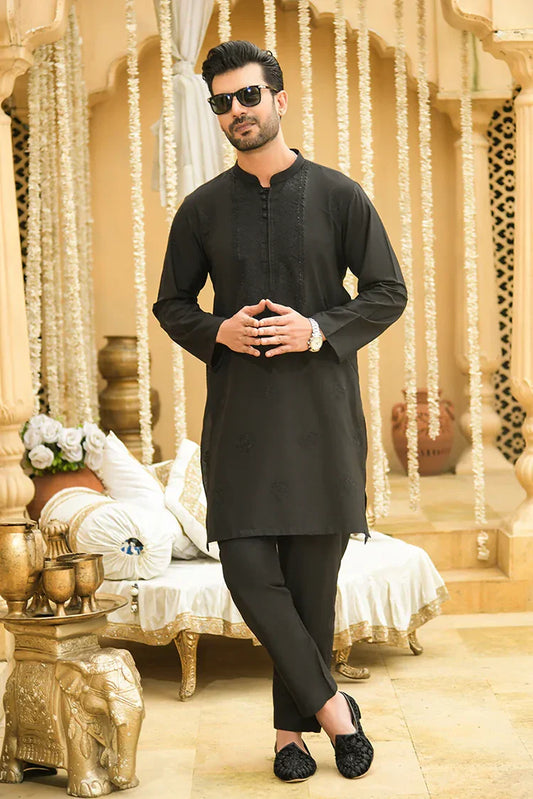 Fabrich - Men's Unstitch Embroidered Kameez Shalwar - Black