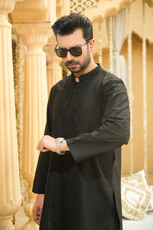 Fabrich - Men's Unstitch Embroidered Kameez Shalwar - Black