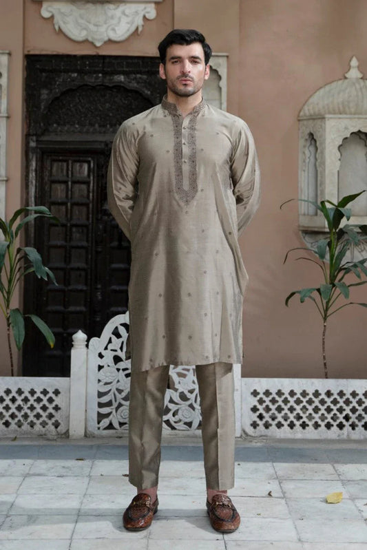 Fabrich - Mens Embroidered Kameez Shalwar - Ecru