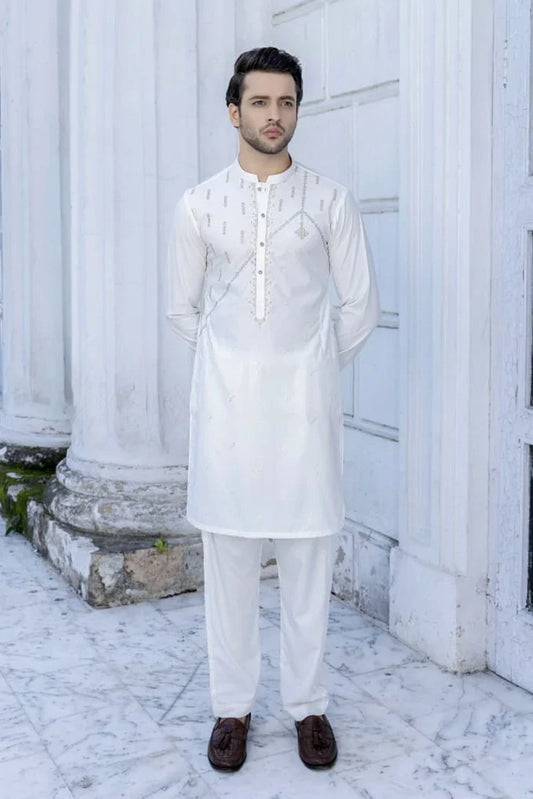 Fabrich - Men's Unstitch Embroidery Kameez Shalwar - Off-White