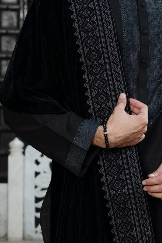Fabrich - Mens Luxury Embroidered Velvet Shawl - Black