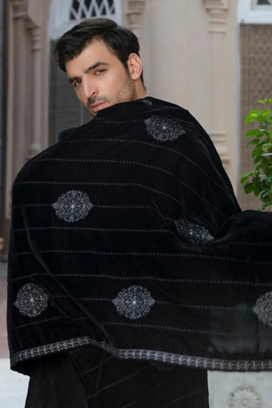 Fabrich - Mens Luxury Embroidered Velvet Shawl - Black