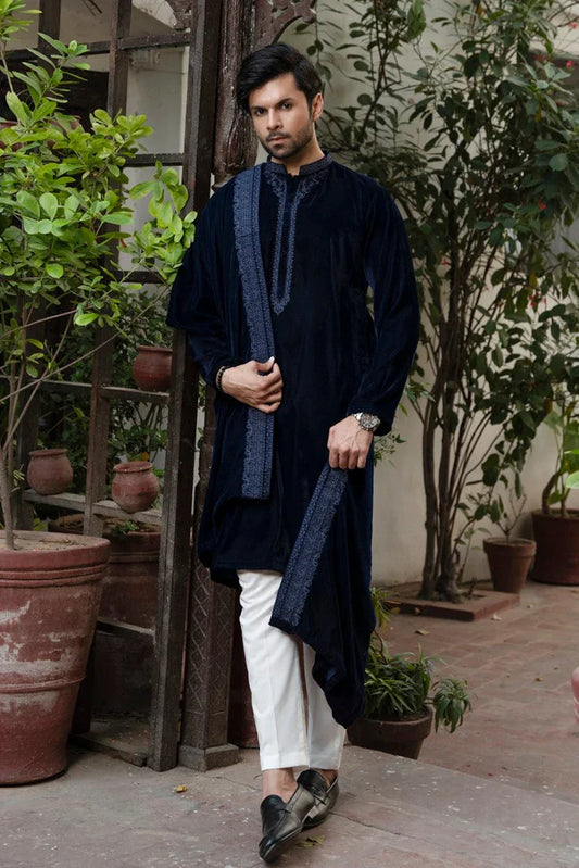 Fabrich - Mens Luxury Embroidered Velvet Shawl - Navy