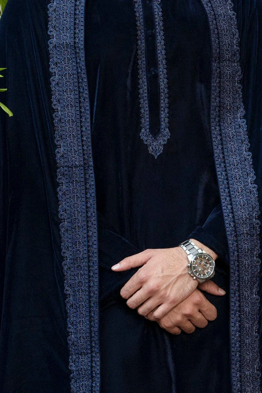Fabrich - Mens Luxury Embroidered Velvet Shawl - Navy