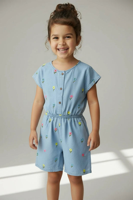 Picture of Ixample - Girls Floral Embroidered Denim Playsuit - Available at Raja Sahib