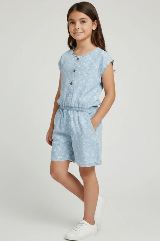 Picture of Ixample - Girls Printed Denim Playsuit - Available at Raja Sahib