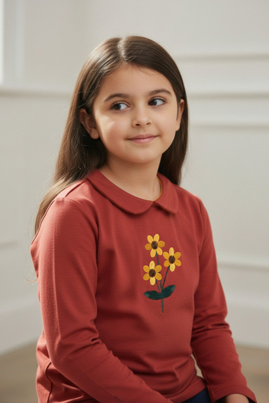 Ixample - Floral Embroidered Collared French Terry Top
