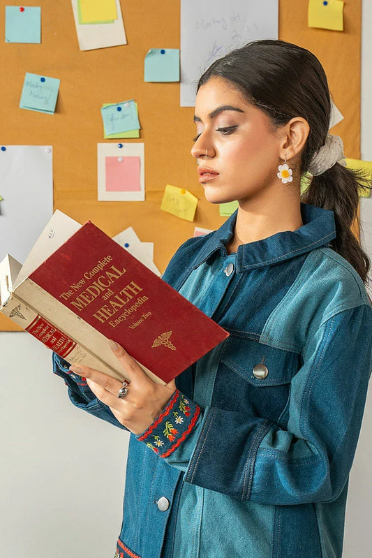 Picture of Peelu - Embroidered Denim Jacket with Patch Details - Available at Raja Sahib