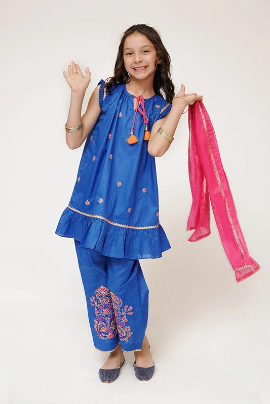 Picture of Senorita - Kids Casual Dress - Blue & Multicolor - Casual 3 Piece Suit - KAD-03424 - Available at Raja Sahib