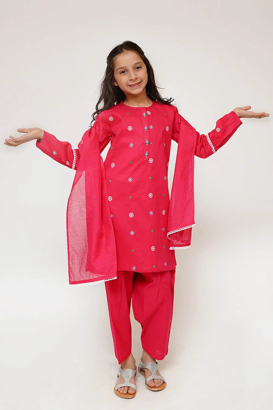 Picture of Senorita - Kids Casual Dress - Shocking Pink & Multicolor - Casual 3 Piece Suit - KAD-03426 - Available at Raja Sahib