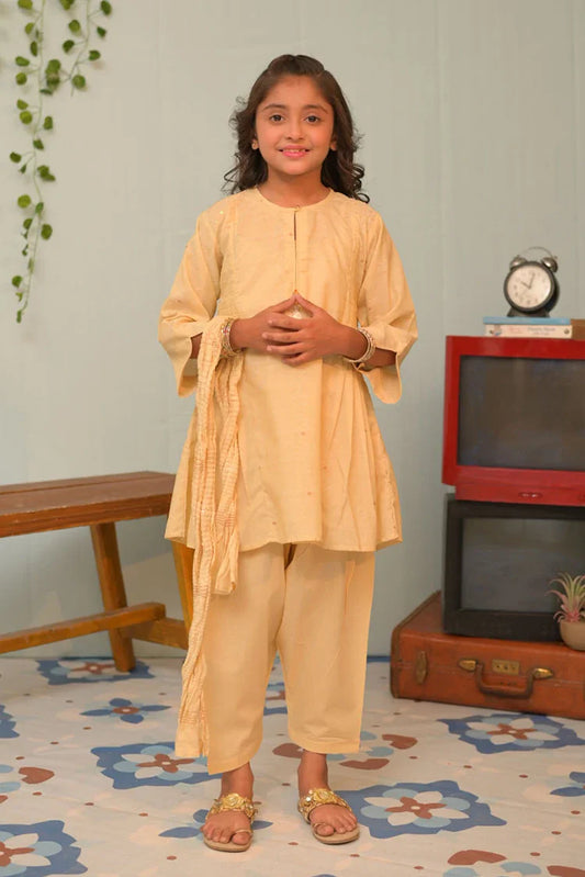 Picture of KBD-02844 | Fawn & Gold | Casual Plus 3 Piece Suit | Cotton Jacquard - Available at Raja Sahib