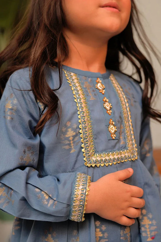 Picture of KBD-02857 | Blue & Gold | Casual Plus 3 Piece Suit | Cotton Jacquard - Available at Raja Sahib