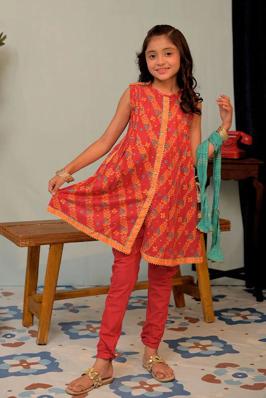 Picture of KBD-02882 | Red & Multicolor | Casual Plus 3 Piece Suit | Cotton Lawn Gold Printed - Available at Raja Sahib