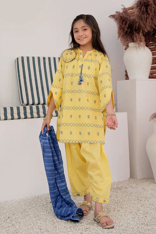 Picture of KBD-02903 | Yellow & Blue | Casual Plus 3 Piece Suit | Cotton Jacquard - Available at Raja Sahib